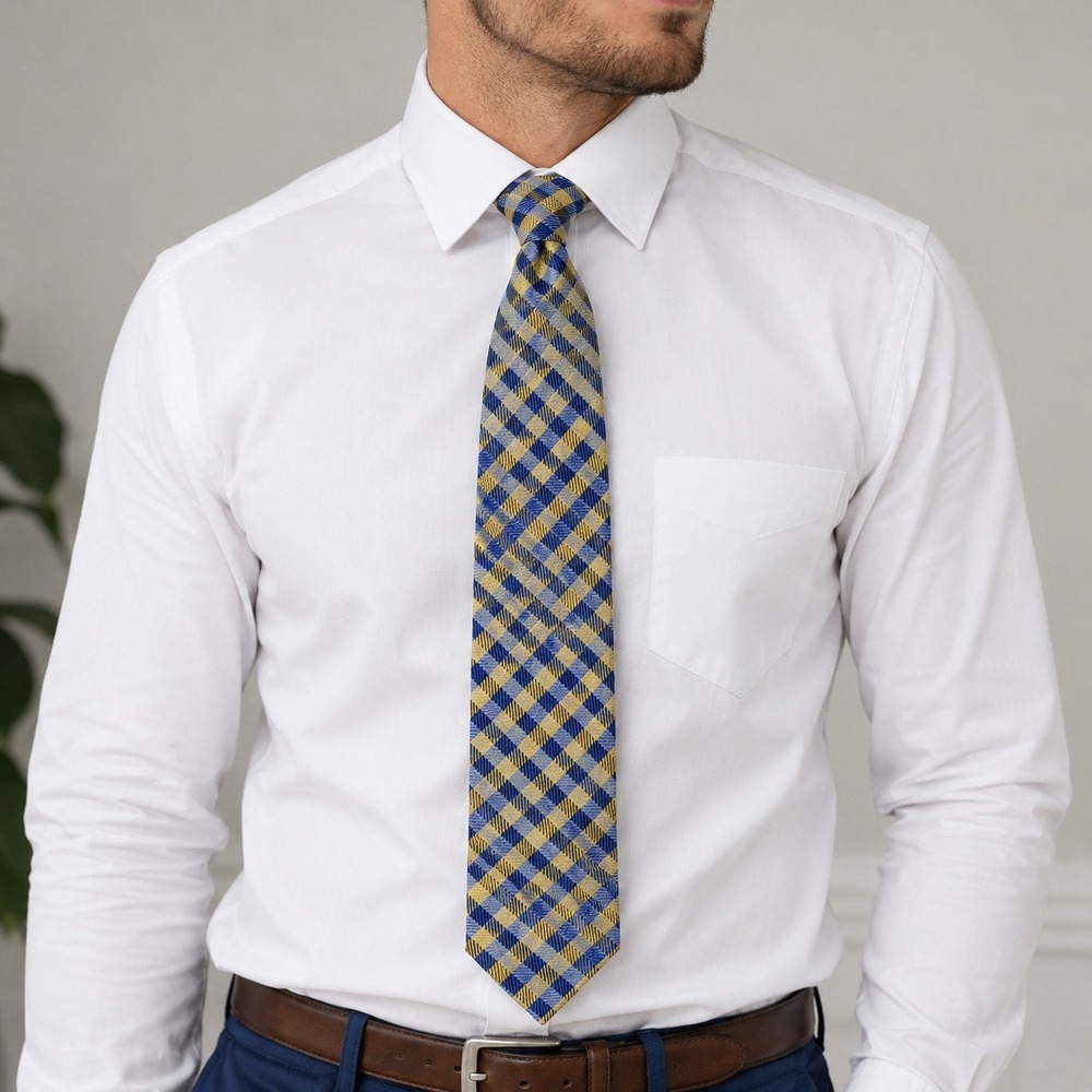 Haines & Bonner‎ London Silk Tie Yellow Blue Gingham Check Handmade Mens